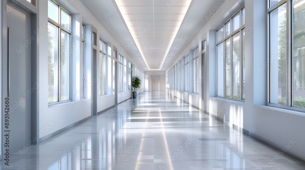 A clean, empty school hallway with minimalist design and neutral colors A clean, empty school hallway with minimalist design and neutral colors