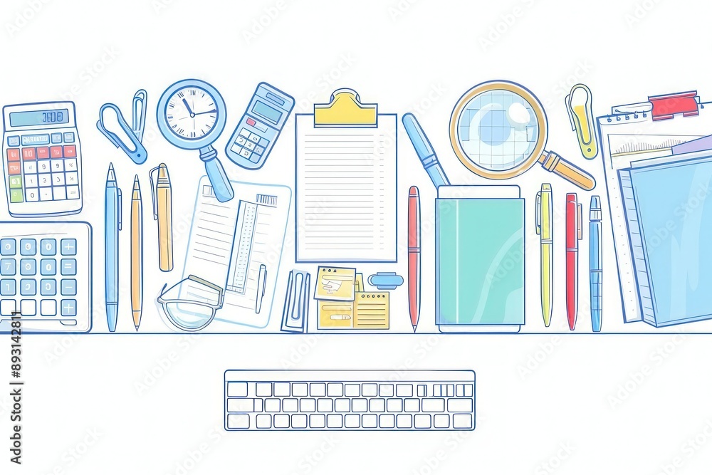 Detailed vector of office tools on white, ample space for text. Detailed vector of office tools on white, ample space for text.
