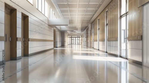 A clean, empty school hallway with minimalist design and neutral colors