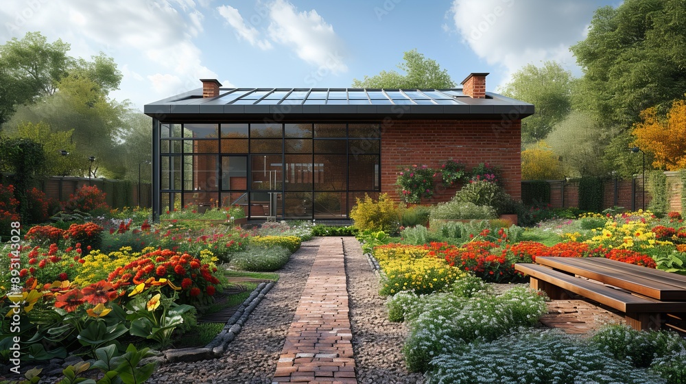 Fototapeta premium A Brick Walkway Leading to a House With a Garden in Front of It - Generative AI