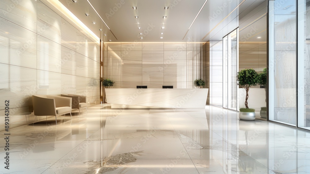 A clean, modern lobby in an office building with sleek, contemporary design A clean, modern lobby in an office building with sleek, contemporary design