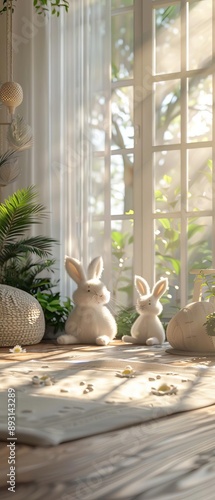 Wallpaper Mural Feng Shui children's room with rabbit statues, promoting calmness, 3D render, [Feng Shui children's room], [peace and playfulness] , 3D wallaper style Torontodigital.ca