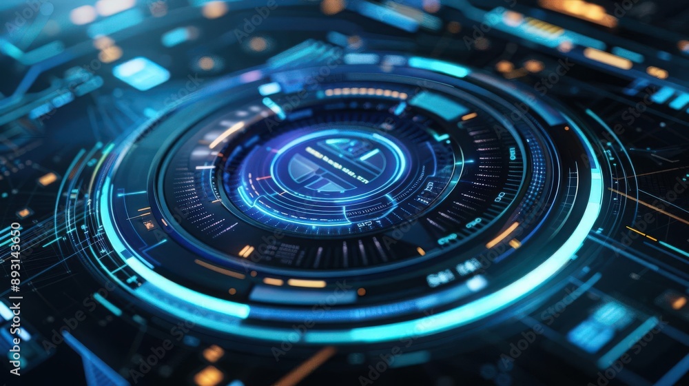 Futuristic circular interface with glowing elements, perfect for technology, science, and digital presentations. Futuristic circular interface with glowing elements, perfect for technology, science, and digital presentations.