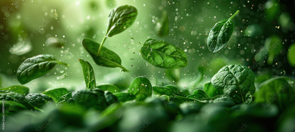 Flying Spinach Leaves on Fresh Green Background Flying Spinach Leaves on Fresh Green Background