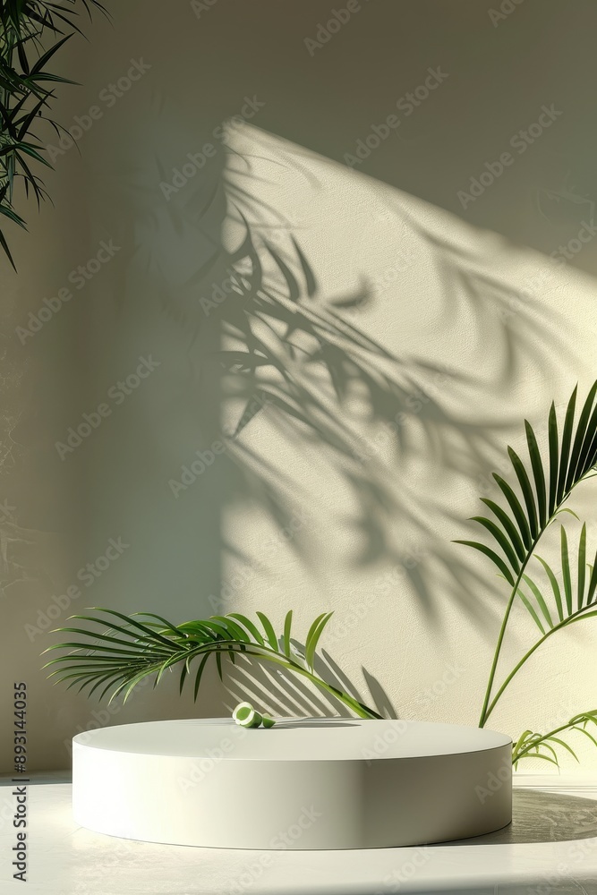 3d background product display podium scene with leaf geometric platform,White background of wall with palm shadows and white stone podium,Mockup for eco beauty cosmetic advertising,Copy space. 3d background product display podium scene with leaf geometric platform,White background of wall with palm shadows and white stone podium,Mockup for eco beauty cosmetic advertising,Copy space.