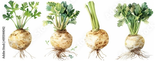 a celeriac clipart, root vegetable element, watercolor illustration, light green, isolated on white background