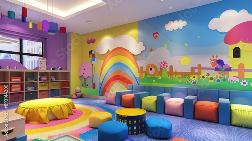 A colorful kindergarten room with playful seating and vibrant wall art