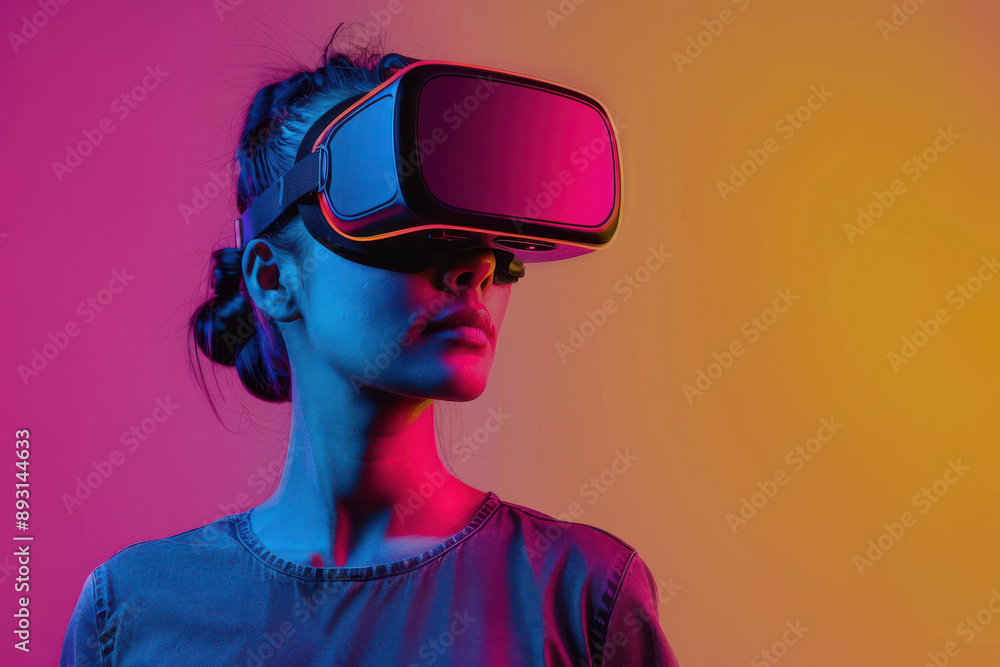 Woman Using Virtual Reality Headset in Colorful Room Woman Using Virtual Reality Headset in Colorful Room