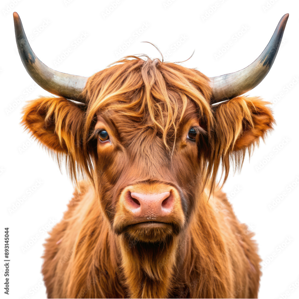 Scottish mini cow with big horns portrait isolated on transparent background Scottish mini cow with big horns portrait isolated on transparent background