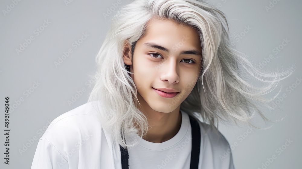 Portrait of a cute handsome happy Asian blond teenager guy with white long hair and perfect skin, white background, banner. Portrait of a cute handsome happy Asian blond teenager guy with white long hair and perfect skin, white background, banner.
