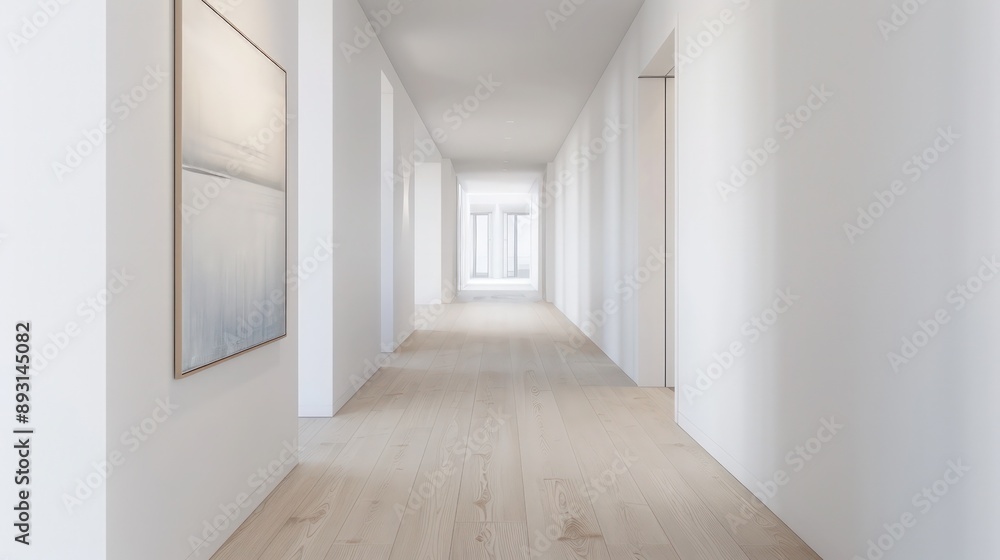 A hallway with white walls, light wooden flooring, and a single piece of art A hallway with white walls, light wooden flooring, and a single piece of art