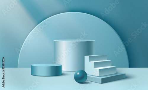 3D stairs and cylinder podiums on pastel blue background. Vector realistic illustration of round shape platform, ball and staircase for product presentation, showroom with abstract geometric pedestals