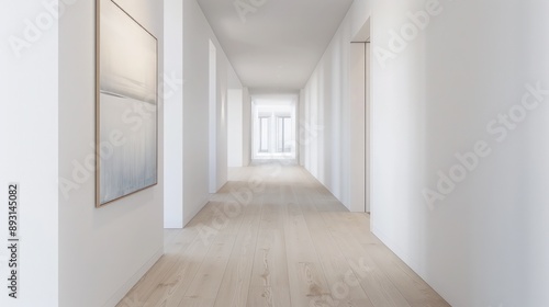 Wallpaper Mural A hallway with white walls, light wooden flooring, and a single piece of art Torontodigital.ca