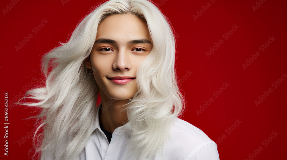 Portrait of a cute handsome happy Asian blond teenager guy with white long hair and perfect skin, red background, banner. Portrait of a cute handsome happy Asian blond teenager guy with white long hair and perfect skin, red background, banner.