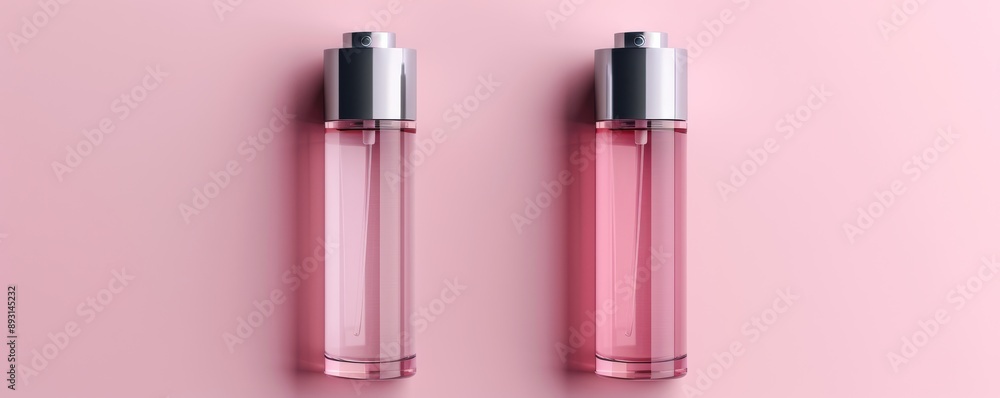 Two Pink Spray Bottles with Liquid on Light Pink Background with Soft Shadows Two Pink Spray Bottles with Liquid on Light Pink Background with Soft Shadows