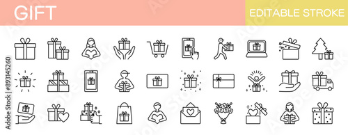 プレゼントのアイコンセット　編集可能　モノクロ
