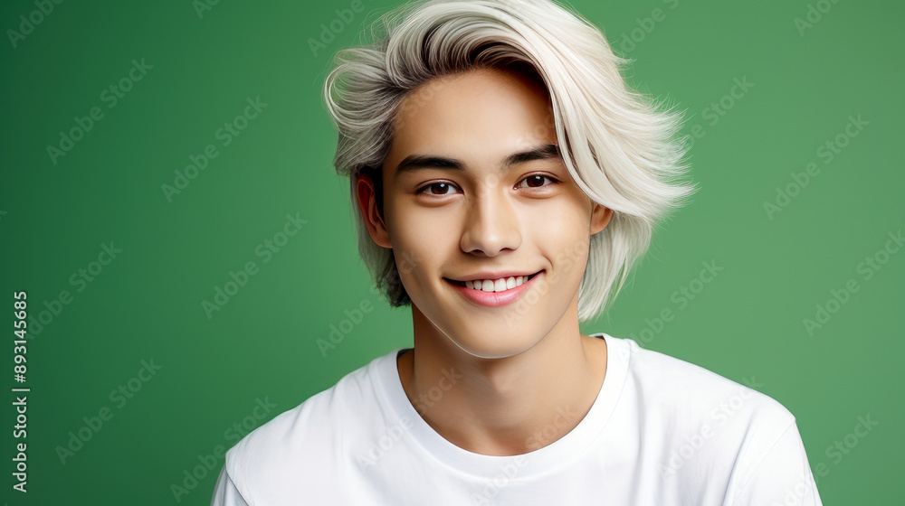 Portrait of a cute handsome happy Asian blond teenager guy with white long hair and perfect skin, green background, banner. Portrait of a cute handsome happy Asian blond teenager guy with white long hair and perfect skin, green background, banner.