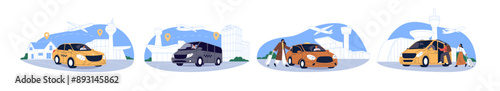 Airport transfer service set. Car and van taxi, transport meeting tourists at terminal after airplane arrival. Drivers picking up arriving people. Flat vector illustration isolated on white background
