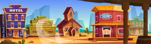 Wild west town or village landscape with wooden architecture. Cartoon vector illustration of empty western American city street with hotel and church, store and saloon, houses and buildings.