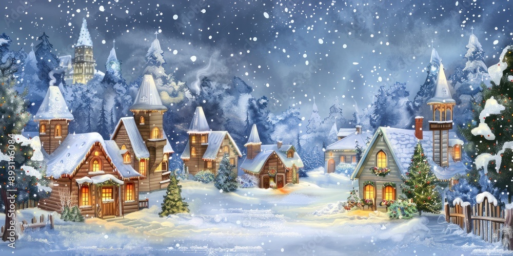 Fototapeta premium Snow-Covered Christmas Village Under a Starry Sky