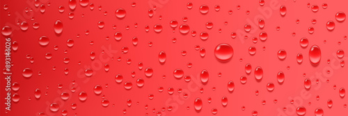 Condensation water drop on bright red background. Vector realistic set of aqua liquid flows. Rain drops on glass effect.