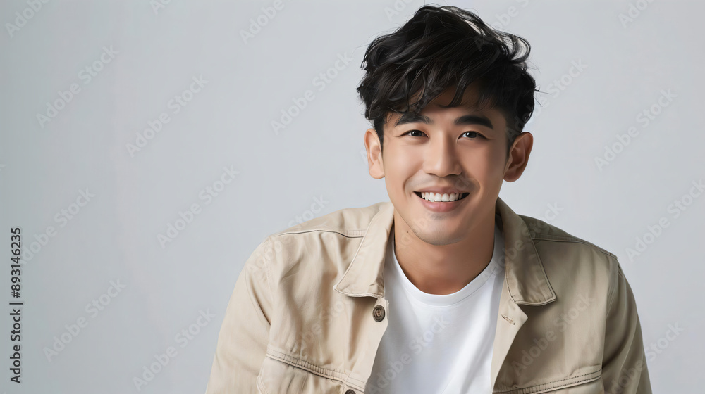 Portrait of a smiling young man with a white t-shirt and beige jacket. Portrait of a smiling young man with a white t-shirt and beige jacket.