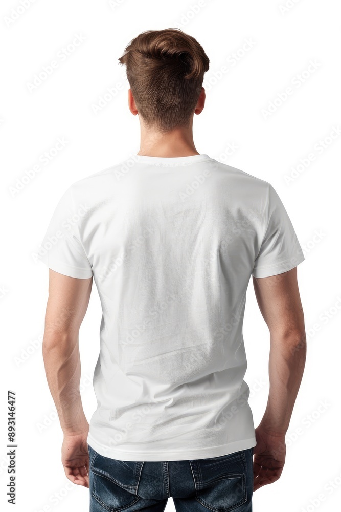 A Man Stands With His Back to the Camera Wearing a Plain White TShirt and Blue Jeans A Man Stands With His Back to the Camera Wearing a Plain White TShirt and Blue Jeans
