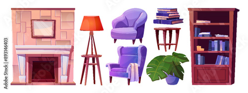 Living room furniture and interior decor. Cartoon vector illustration set of cozy home elements - fireplace and armchair, bookcase and stack of books, tea table and floor lamp, flower in pot.