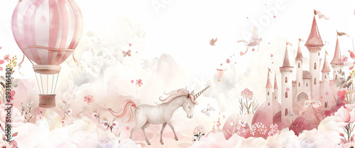 Unicorn, Hot Air Balloon and Castle in a Dreamlike Landscape.