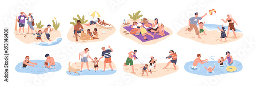 Family activities, beach vacation. Happy parents, children at sea resort on summer holiday travel. Mother, father, kids, active fun and recreation Flat vector illustration isolated on white background