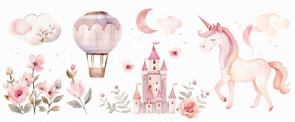 Deken met foto Eenhoorn Roze kasteel luchtballon eenhoorn aquarel kinderkamer  © SunPunjiStudio