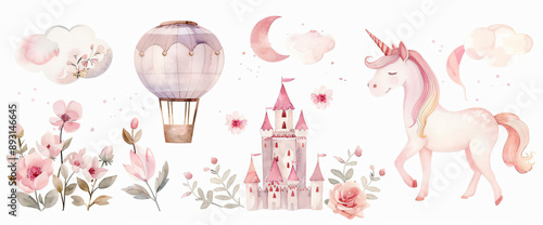 Pink Watercolor Unicorn, Castle, Hot Air Balloon and Flowers Illustration.