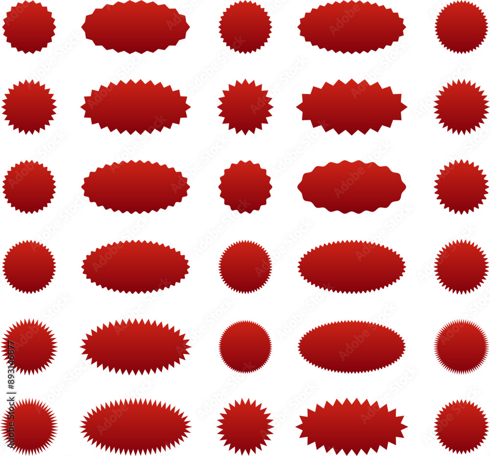 Red sticker or label design blank. Collection of special offer sale oval and round shape sunburst labels and badges. Promo stickers with star edges. Vector. Red sticker or label design blank. Collection of special offer sale oval and round shape sunburst labels and badges. Promo stickers with star edges. Vector.