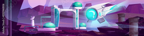 Alien purple planet surface with futuristic astronaut base or colony dome buildings and greenhouse. Cartoon vector fantasy technology station for cosmos discovery, exploration and colonization.