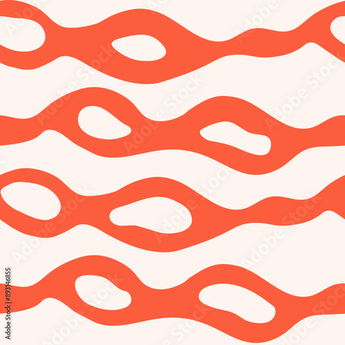 Liquid Flowing Abstract Seamless Pattern. Hand drawn wavy fluid texture with red and white colors. Trendy blend background. Repeat vector illustration