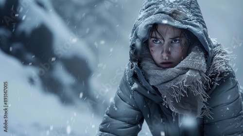 Survival theme: Girl in winter gear, snowy mountain, intense expression, frostbite, snow boots, rugged terrain, dramatic lighting, cinematic composition. photo