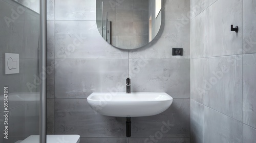 A minimalist bathroom featuring a white sink, a mirror, and grey tiles
