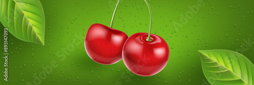 Realistic juicy ripe cherry with green leaves, water drops on green background. 