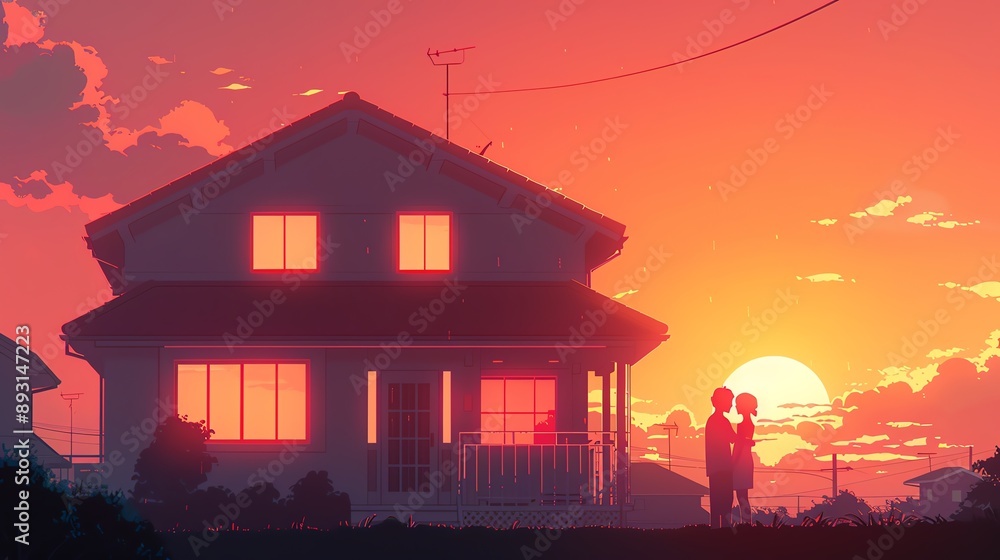 Lovers embracing at sunset in a tranquil neighborhood, warm hues reflecting off a cozy house, capturing a moment of intimacy and romance in a serene setting. Lovers embracing at sunset in a tranquil neighborhood, warm hues reflecting off a cozy house, capturing a moment of intimacy and romance in a serene setting.