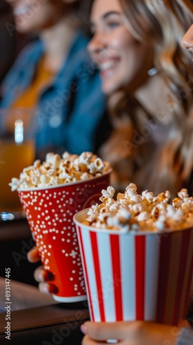 A woman is holding two red and white popcorn buckets