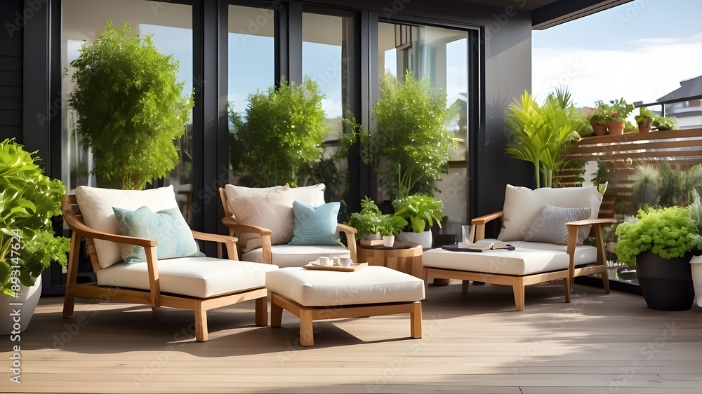 Gorgeous contemporary patio including outdoor chairs, green potted plants, and wood decking. cozy peaceful backyard space at home. Stylish and sunny balcony patio in tea Gorgeous contemporary patio including outdoor chairs, green potted plants, and wood decking. cozy peaceful backyard space at home. Stylish and sunny balcony patio in tea