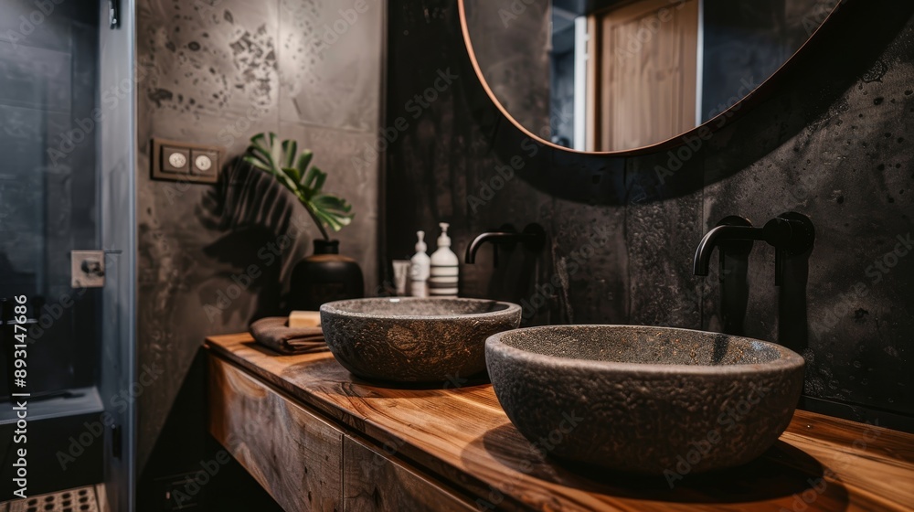 Bathroom interior with wooden countertop, stone basins, dark grey walls, mirror, dark brown color scheme, warm & cool tones, modern minimalist Bathroom interior with wooden countertop, stone basins, dark grey walls, mirror, dark brown color scheme, warm & cool tones, modern minimalist