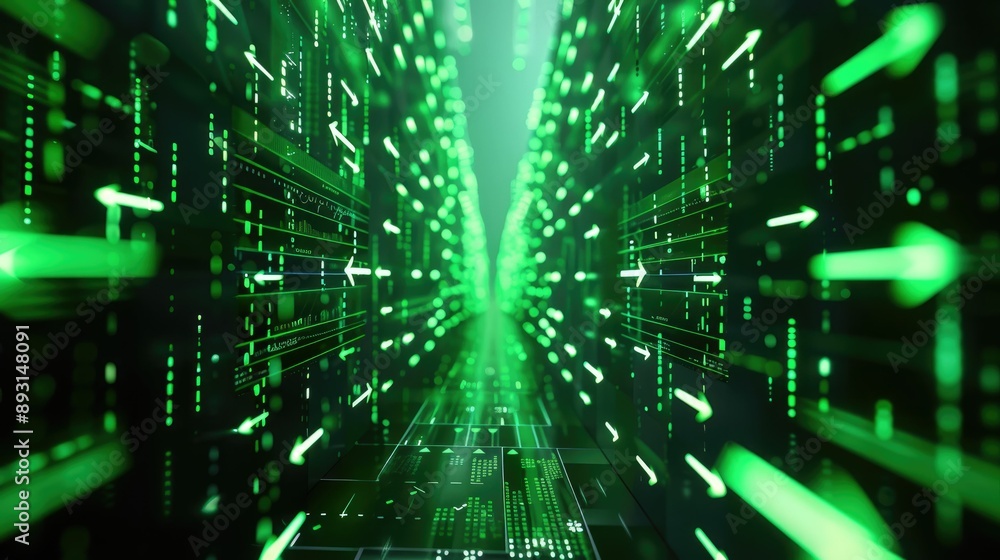 Investment concept with green arrows emerging from a digital grid Investment concept with green arrows emerging from a digital grid