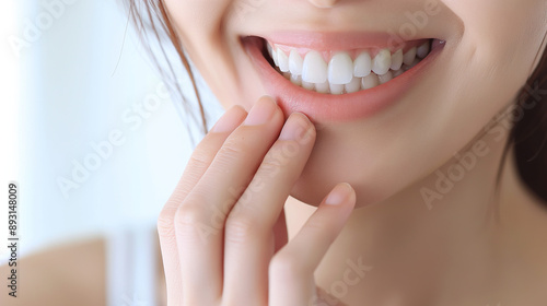 A close-up of a smiling woman's face with bright white teeth, showing a healthy and sweet smile. Dental care concept.