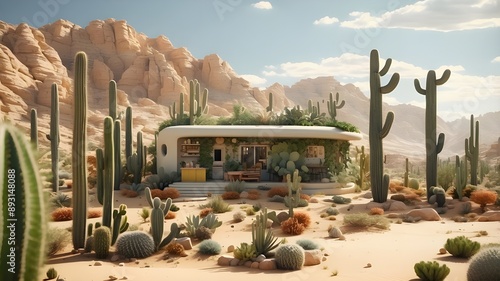 the backdrop of cacti, desert plants, and other desert scenery in the aesthetics of miniaturecore, slide cinema, 8k 3D, photo-realistic exaggeration, and pixelated art by Ahmed Morsi photo