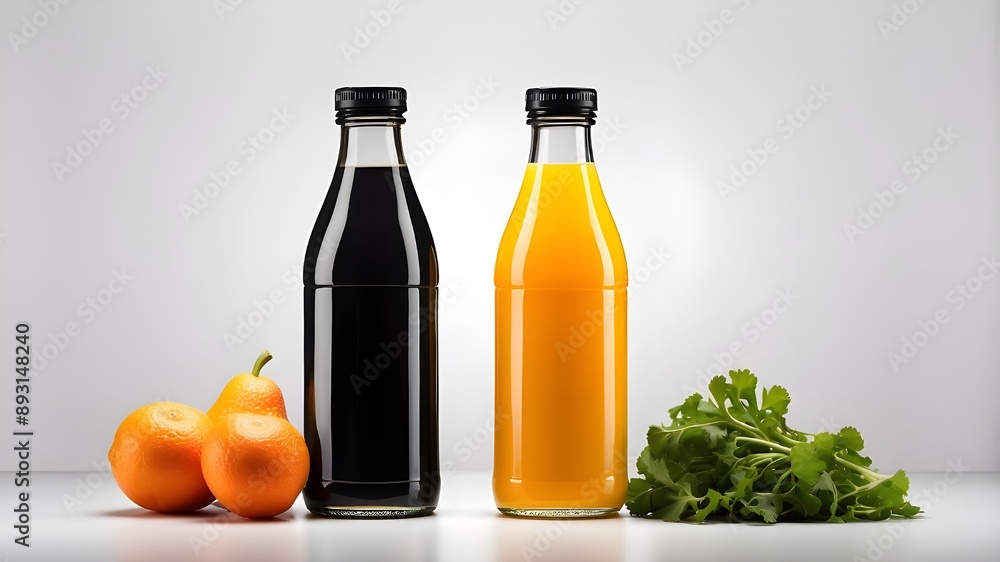 Isolated on a white backdrop are three natural vegetable or fruit juice bottles with black tops and no labels. Isolated on a white backdrop are three natural vegetable or fruit juice bottles with black tops and no labels.