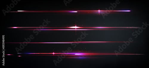 Neon red light lines glowing on black background. Vector realistic illustration of horizontal laser beams with sparkles and shimmering particles, modern space technology, communication speed effect