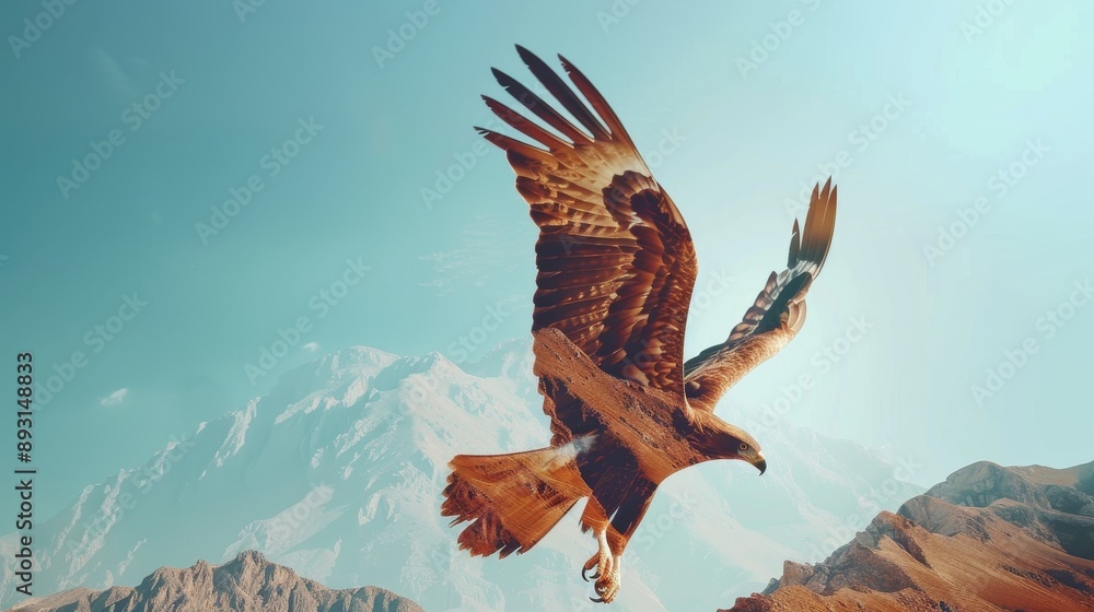 Eagle soaring over mountains against clear blue sky backdrop, double exposure, conveying freedom theme, vibrant and realistic. Eagle soaring over mountains against clear blue sky backdrop, double exposure, conveying freedom theme, vibrant and realistic.