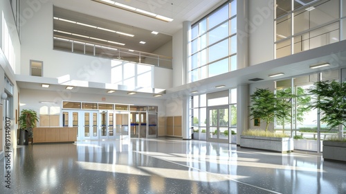 A modern school entrance with high ceilings and a spacious, airy feel
