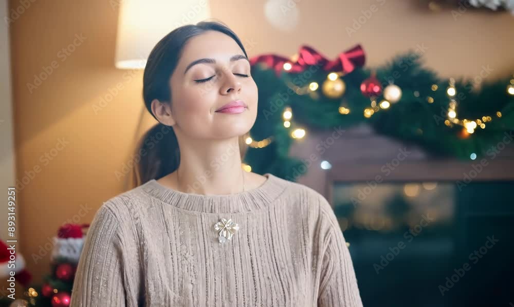Group portrait video of a woman in her 30s practicing mindfulness sophrology relaxation & stress-reduction wearing a chic cardigan against a christmas or holiday themed background Group portrait video of a woman in her 30s practicing mindfulness sophrology relaxation & stress-reduction wearing a chic cardigan against a christmas or holiday themed background